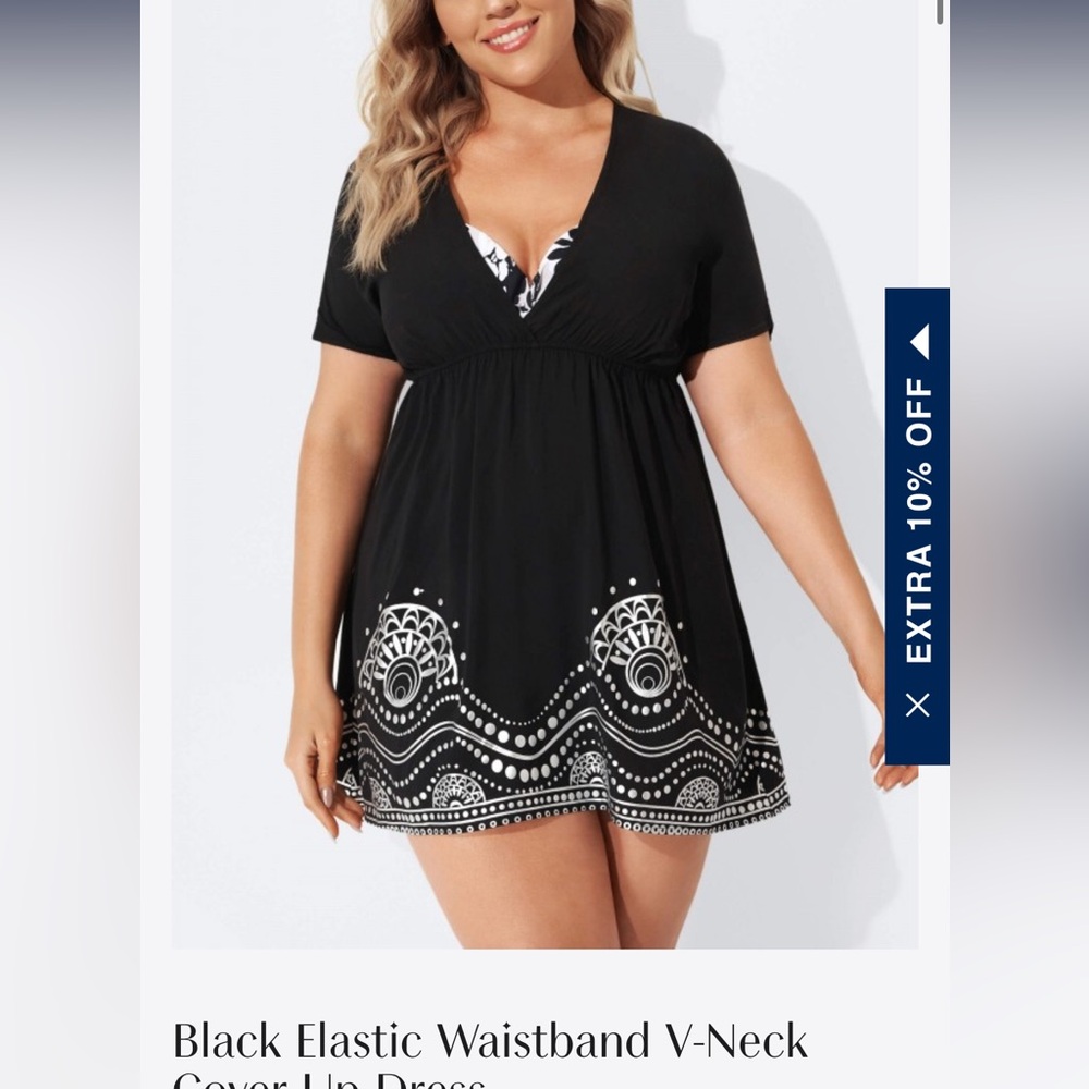 Black elastic waistband v neck silver cover up dress